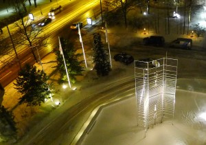 Sculpture at Crowne Plaza Hotel, Helsinki, January 19, 2012 (photo credit Jill Browne) at night, silver sculpture lit by floodlights