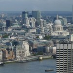 Panorama from London Eye showing Thames and St Paul's Cathedral as well as many other buildings