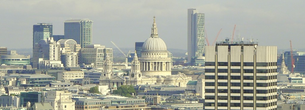 London skyline featuring the white dome of St. Paul's Cathedral